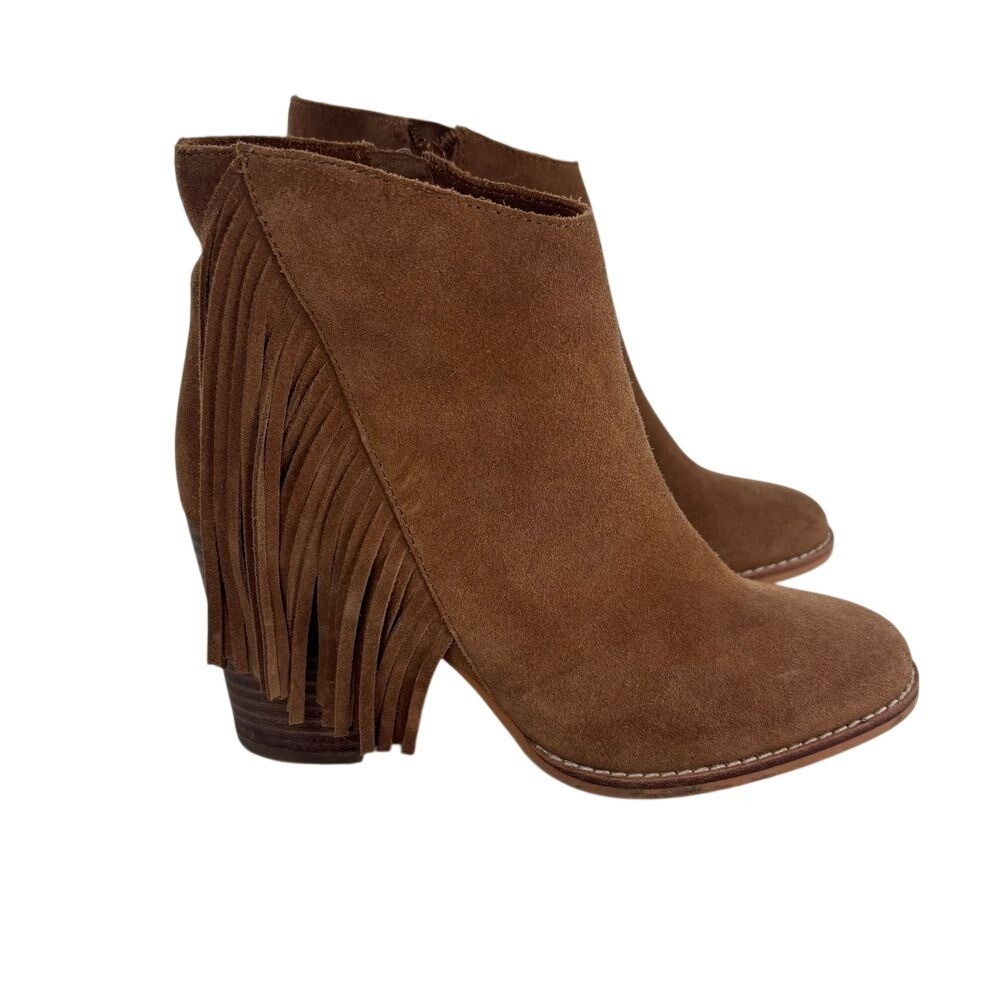 Arturo Chiang Fringe Ankle Boots Womens 6.5 M Brown Suede Booties Heeled Western